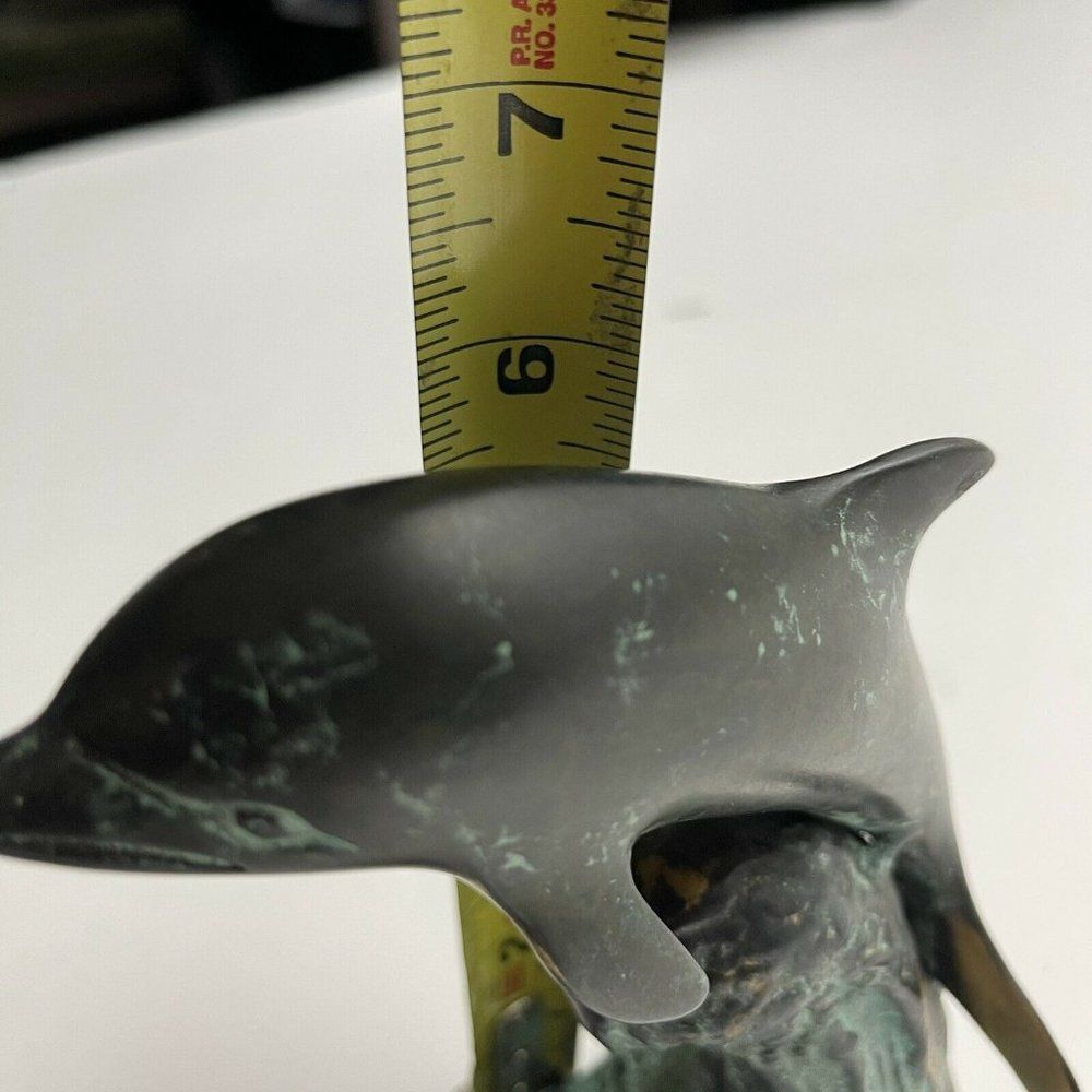 Brass Dolphin Statue Vintage Art Deco 6" High Brass Sculpture Patina Metal Base - Picture 8 of 10